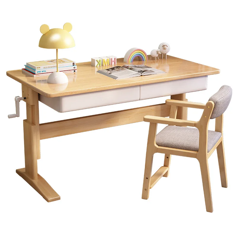 

Children's desk Solid wood study table Simple modern hand-cranked lifting writing table Household primary school desks