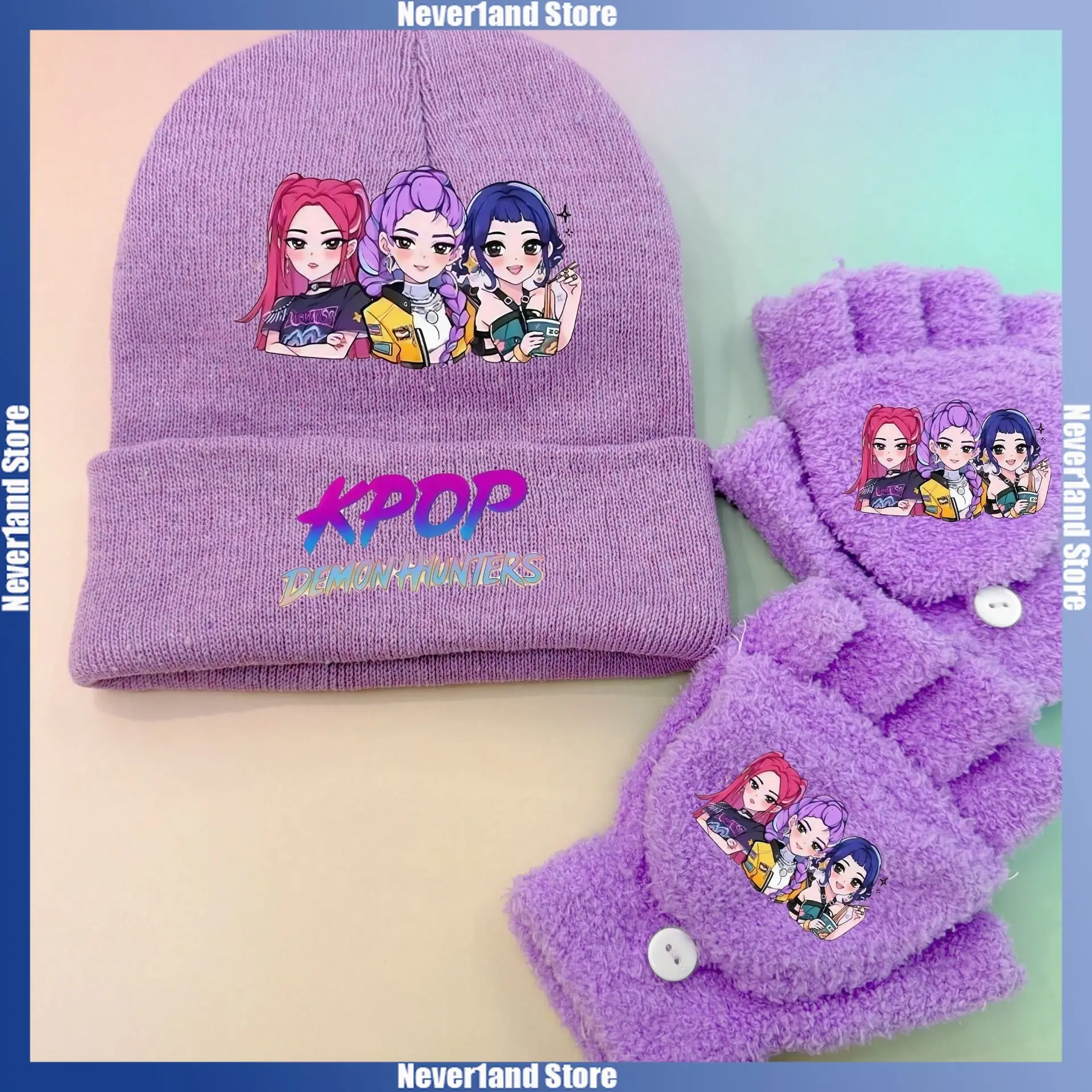 

2PCS Kpop Demon Hunters Winter Knitted Hat Rumi Zoey Mira Printing Design Gloves Set Warm Christmas Gift for Boys Girls