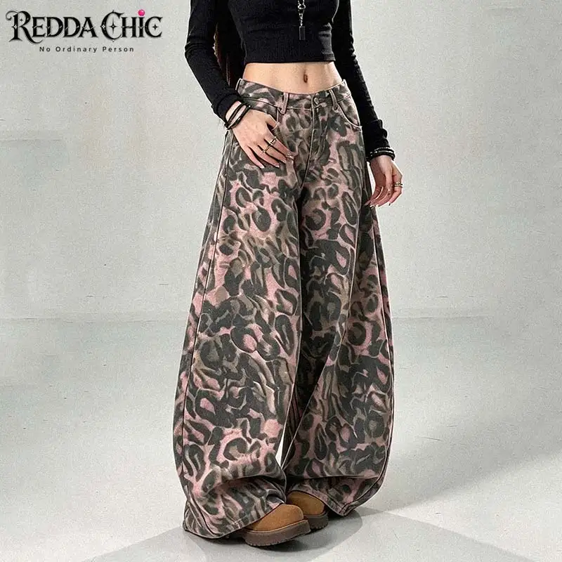 REDDACHiC Vintage Leopard Pink Wide Leg Jeans Alt Oversized Low Rise Do Old Loose Fit Barrel Denim Pants Hiphop Women Streetwear