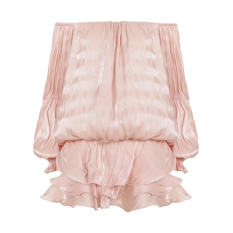 Ticketsx zomer glanzende een schouder skinny geplooide mini-jurk elegante effen ruches lange mouwen vestidos dame feestavondjurk - afbeelding 2