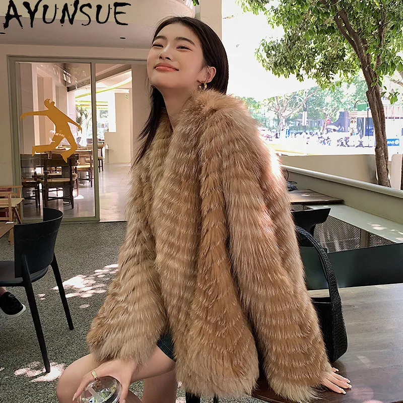 AYUNSUE Natürlicher Fuchspelzmantel für Damen, Winterjacke mit V-Ausschnitt, Ganzpelz, Neu in Oberbekleidung, Luxuriöse Slim-Fit-Pelzjacke 2026
