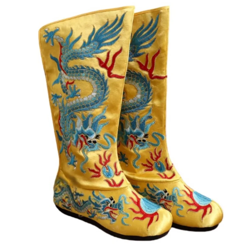 Ancient Chinese Dragon Boots Emperor Embroidery Dragon Boots Hgh Soled Shoes Court Boots Opera Drama Film and Television Costume