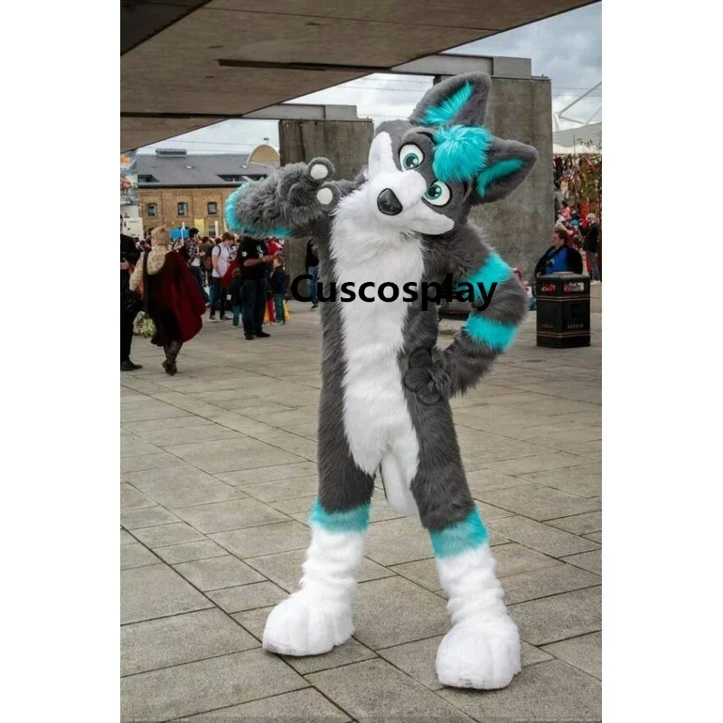 

Long Fur Blue Grey Wolf Husky Dog Mascot Costume Adult Cartoon Character Advertisement Public Halloween Outdoor Decorations