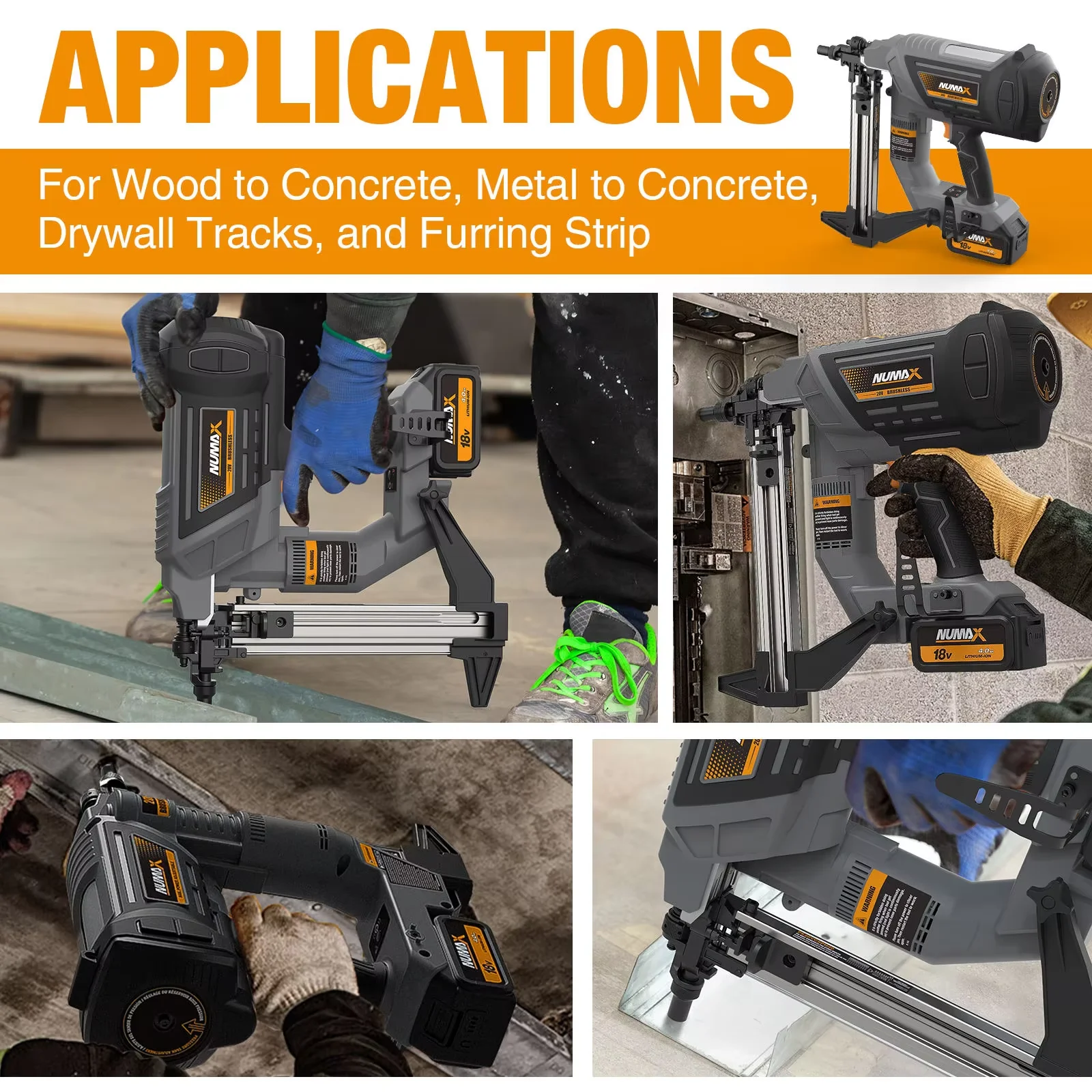 NUMAX LD40-N Lithium Steel Nail Gun for Concrete, Plumbing, Doors and Windows, Suitable for Makita Batteries