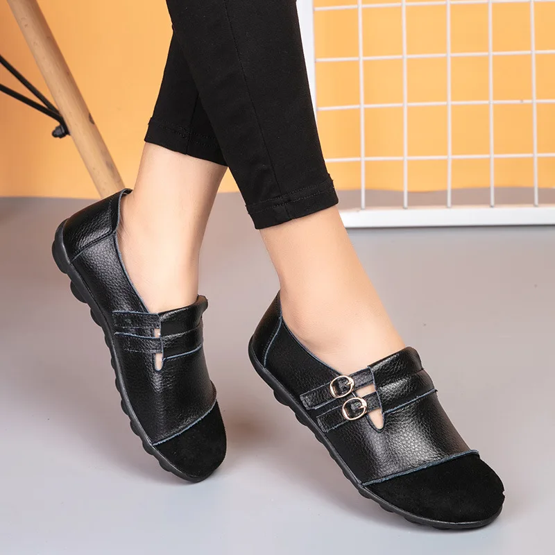 Autumn New Women Shoes Genuine Leather Flats Shoes Casual Loafers Comfortable Womens Moccasins Zapatos De Mujer Plus Size 35-44