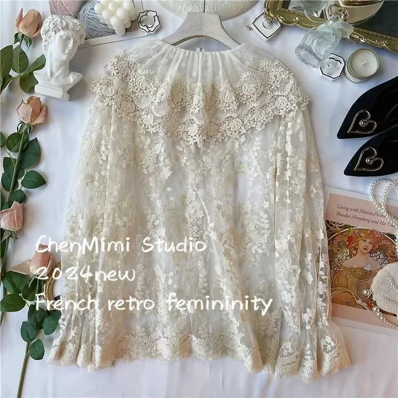 Vintage Lace Embroidery Organza Pearl Collar Long Puff Sleeve Shirt Female Retro Chic Cottage Hollow Out Eyelet Victorian Blouse