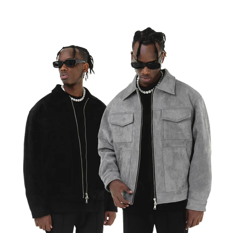 

High Street Autumn and Winter Solid Casual Men's Zipper Jacket with Suede Pocket, Loose Fit Coat for Tooling, Ruffian Style