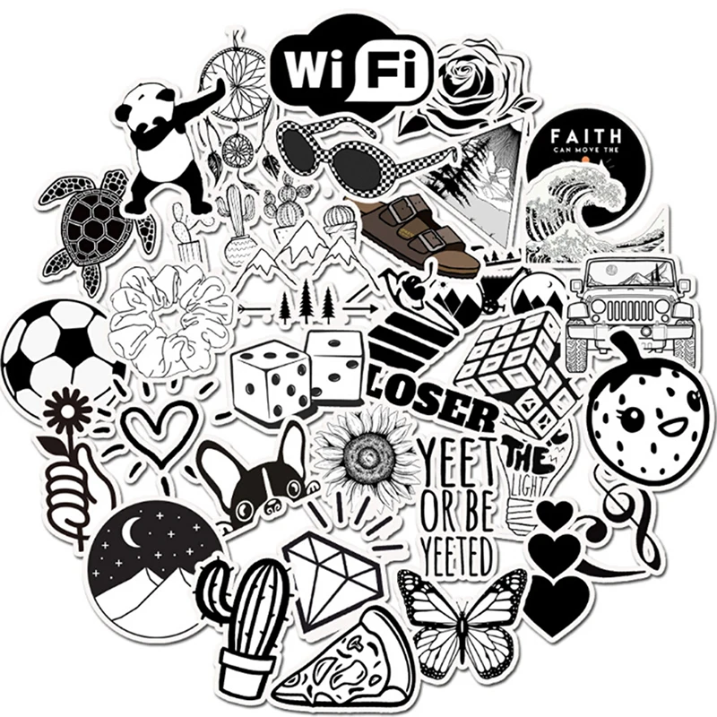 50Pcs Black White Stickers Skateboard Laptop Luggage Guitar Bike Car Bomb Decal