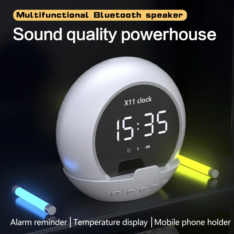 Portable TWS Computer Bluetooth5.3 Speaker Heavy Subwoofer Alarm Clock Thermometer Digital Mini Speaker with Mobile Phone Holder