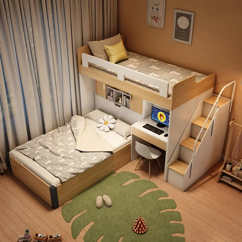 

Small apartment bunk bed multi-functional combination staggered children's mother bed high and low bed with wardrobe desk