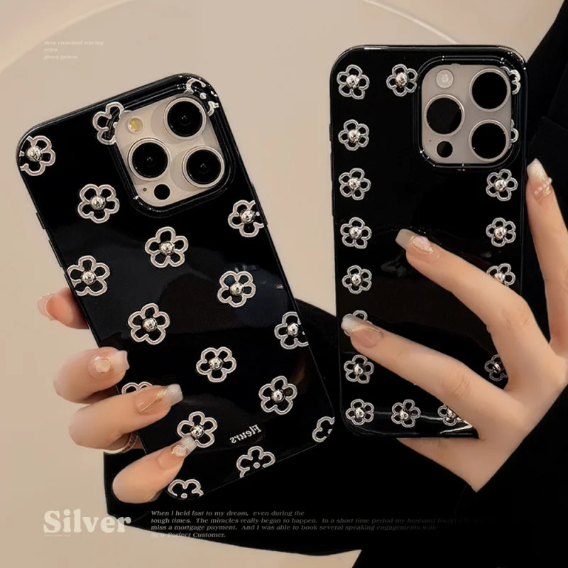 

3D Silver Bead Flower Suitable17promaxApple16Phone caseiPhone13Lanyard11Metallic Style12Soft