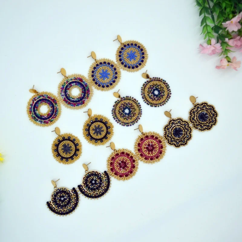 

Beaded earrings Originality Retro Roundness Bohemia Crystal Sector Hand knitting Female Simple Alloy Tide Rice bead earrings