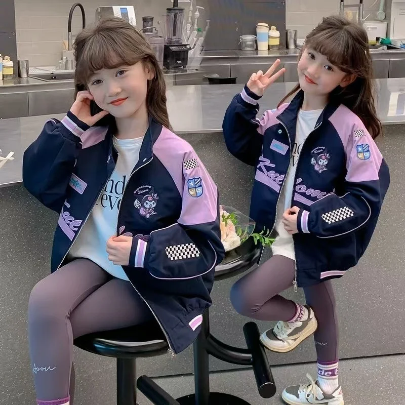 Y2k Kuromi Racer Jacket For Kid Girl Kawaii Biker Girls Outdoor Jackets Cartoon Cinnamoroll Loose Warm Windproof Clothes