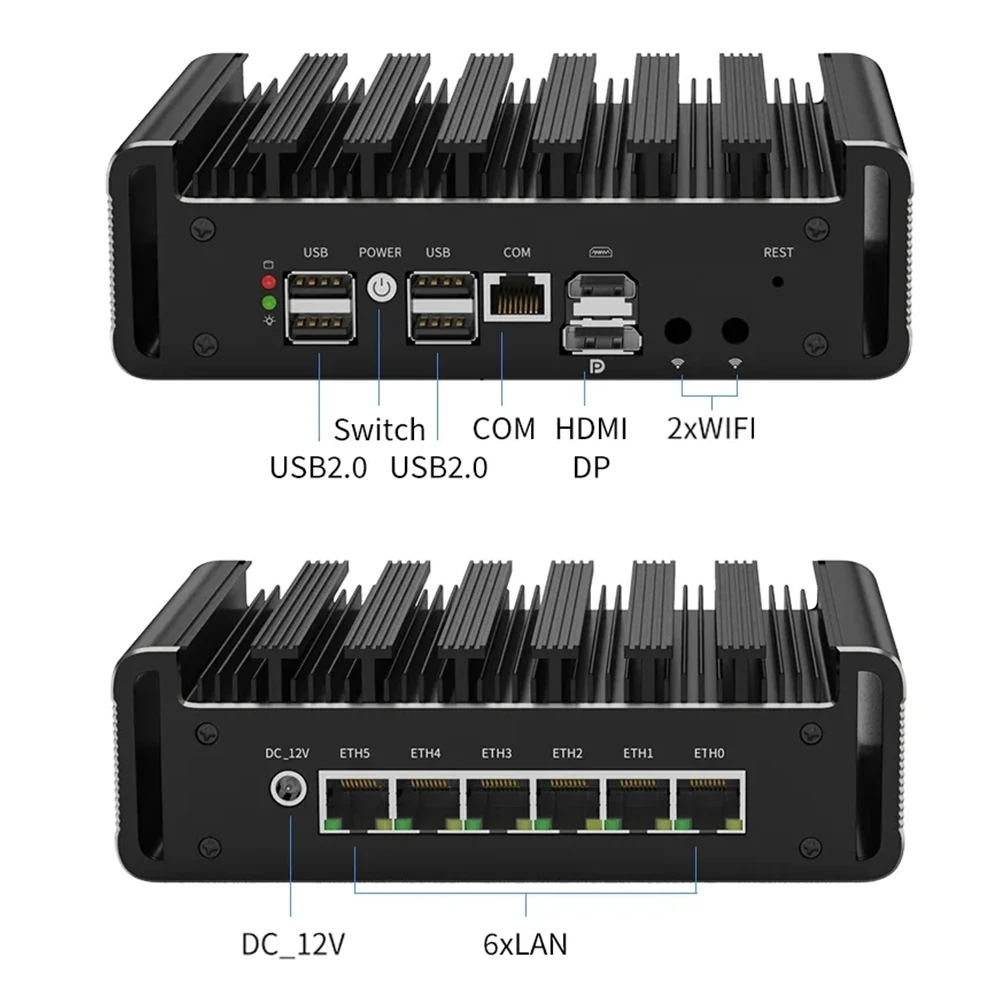 Intel N100 Firewall Router, computador industrial, pfSense, OPNsense, PVE, 6 x i226-V, Mini PC Fanless, DDR5 Max16 GB, RJ45 COM, 12th Gen