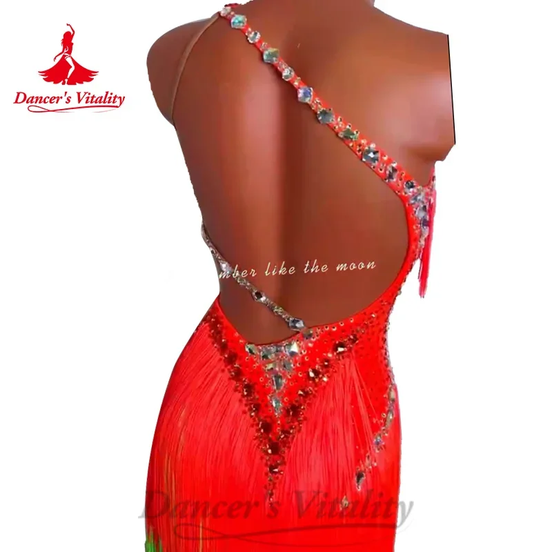 Latin Dance Costumes Luxury Diamonds Sexy Backless Tassel Dress Customized Adult Children Rumba Tango Samba Performance Costumes