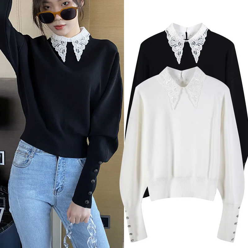 Retro Chic Odpinany Kołnierzyk z Koronki Dzianinowy Top Latarnia Sve Modny Wodny Diament Damska Odzież do Pracy Dzianina