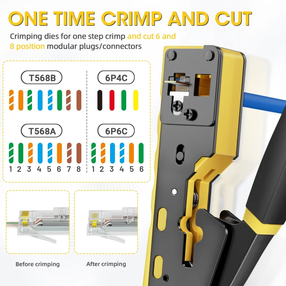 ZoeRax Pass Through Crimper Cutter, conector modular, Ethernet, tudo-em-um fio ferramenta, RJ45, Cat6, Cat5, Cat5e, 8P8C