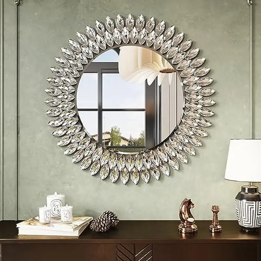 

26 Inch Luxury Diamond Round Decorative Mirror Wall Bathroom Vanity Restroom Modern High Quality Glass Mirror Elegant French