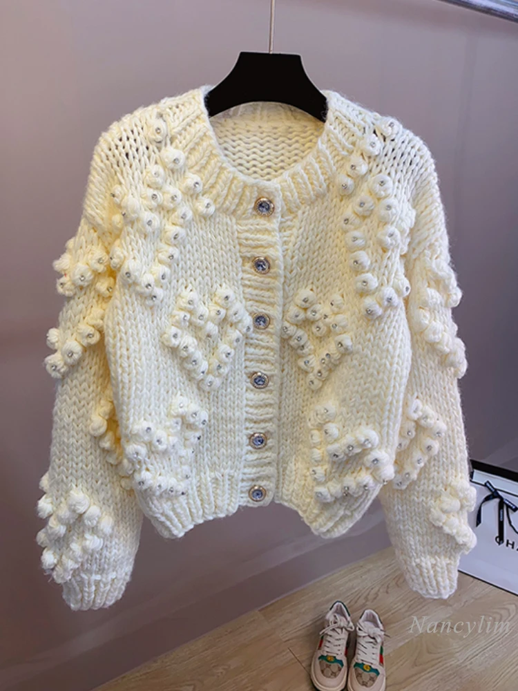 2023 Autumn and Winter Thick Needle Handmade Crochet Three-Dimensional Ball Beaded Sweater Coat Round Neck Knitted Cardigan