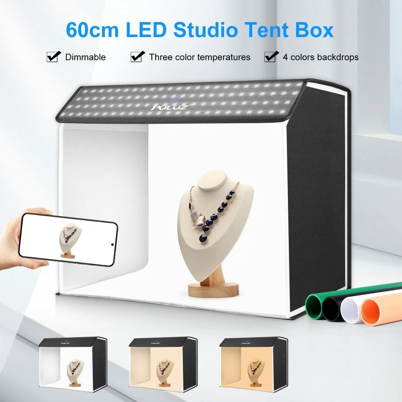 PULUZ 60cm x 40cm Cuboid Photo Studio Light Box Portable Foldable Studio Tent Kit with 4 Color Backdrops & 12 Light Panels