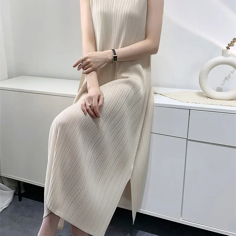 ALSEY Miyake plisowane sukienki kobiety wiosna lato nowe bez rękawów dekolt w kształcie dekoltu w kształcie w stylu Casual, plisowana spódnica Slim
