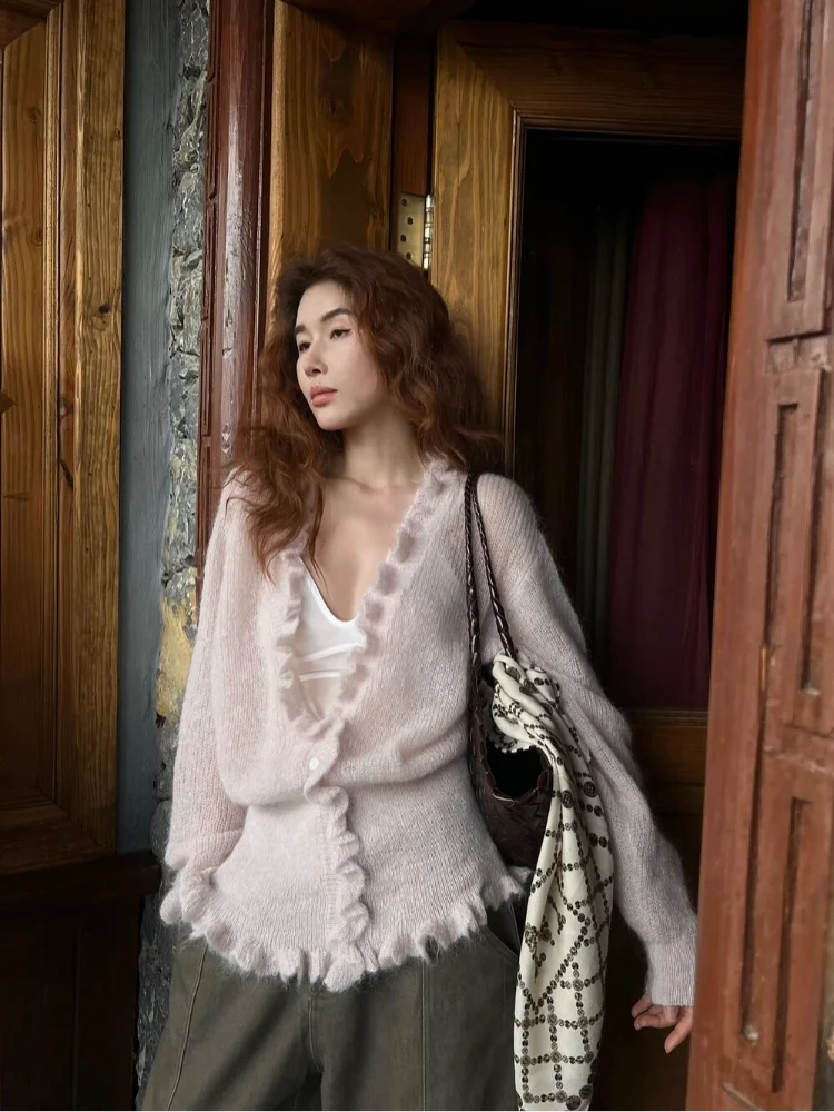 

Женский однотонный вязаный кардиган с v-образным вырезом и рюшами, повседневный элегантный тонкий свитер с длинными рукавами, 2022, женская осенняя повседневная одежда для поездок на работу