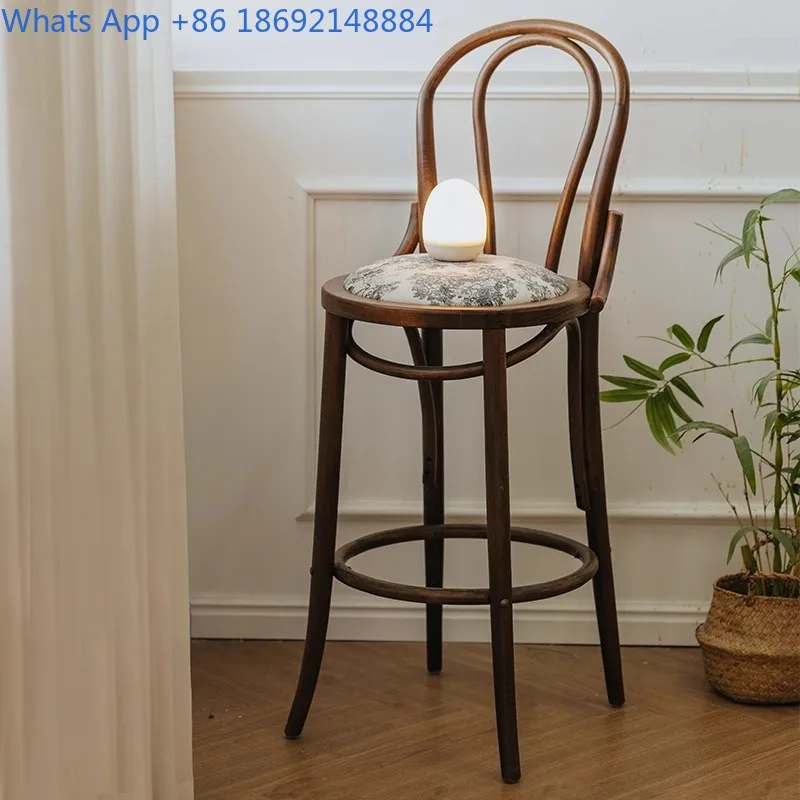 

Высокий барный стул из цельного дерева во французском винтажном стиле, стул со спинкой в скандинавском стиле для домашнего использования