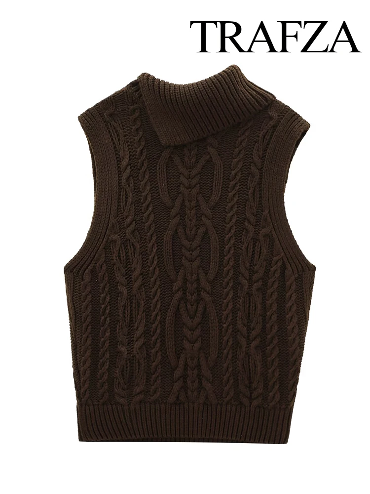 TRAFZA Women's Autumn New Fashion Solid Sleeveless Eight-Ply Knitted Vest Female Elegant High Street Casual Waistcoat Sweater