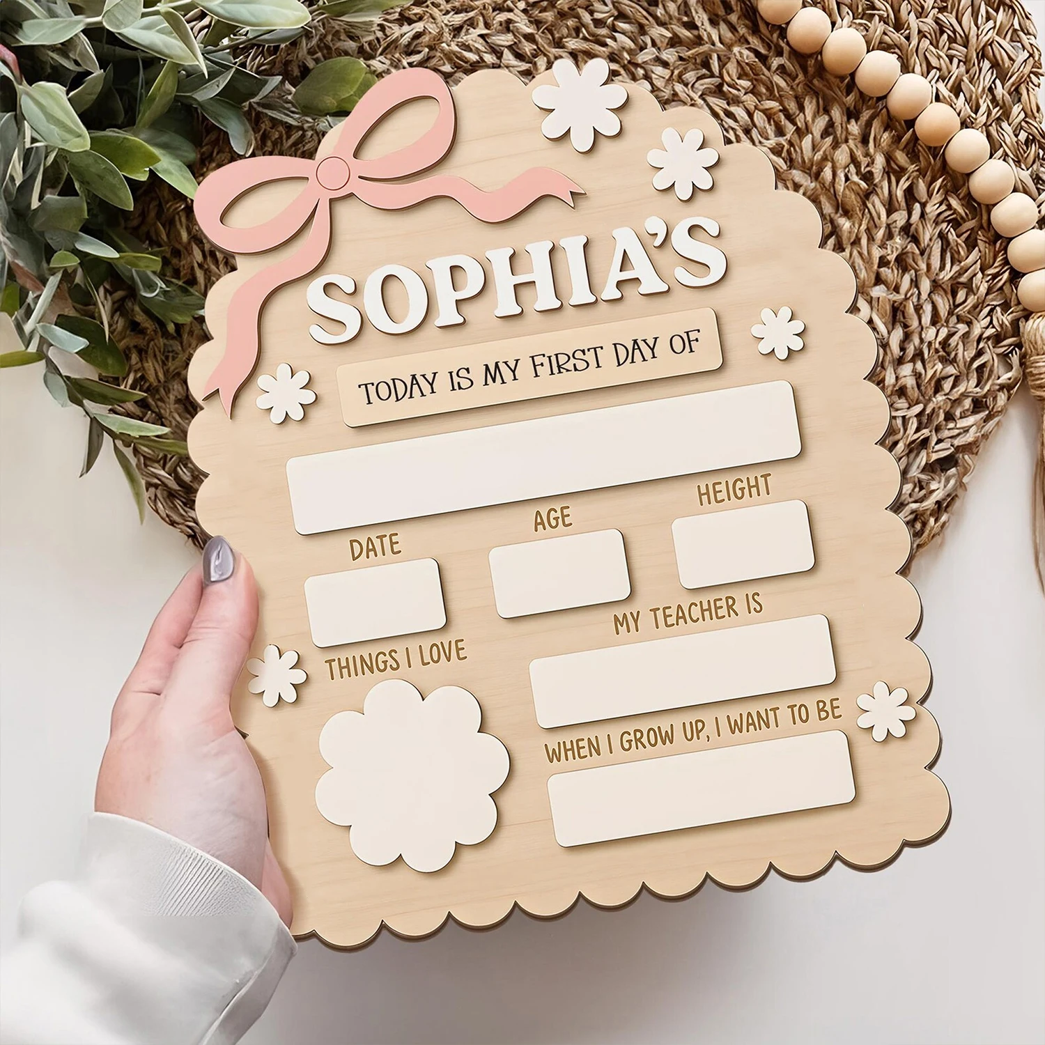 1Pc Custom First School Day Wooden Name Plaque,ChildHome Room Office Wall Door Decor,DIY Paintable,Nursery Birthday Wedding Gift