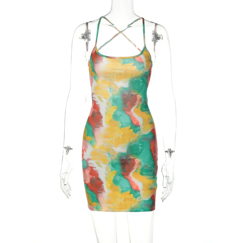 Women's new2025Summer Hot Sale Tie-Dye Short Dress Sexy Tie-Back Strap Dress for Women