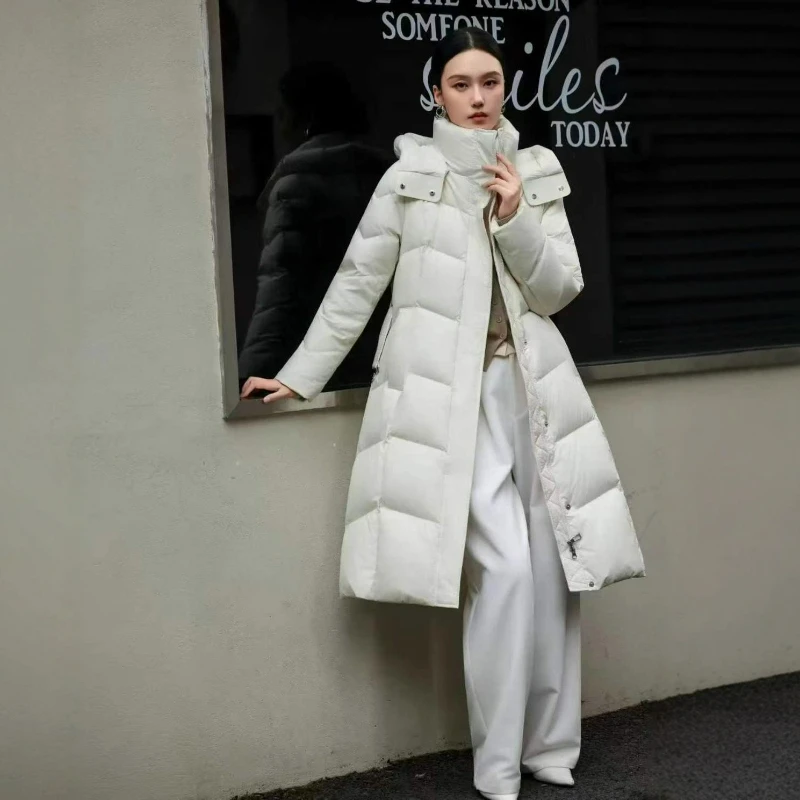 2026 inverno nuovo piumino d'anatra bianco con cappuccio a collo alto per donna stile lungo al ginocchio sopra la vita elegante versatile cappotto spesso