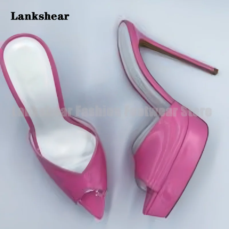 Pointy Open Toe Platform Slippers Patent Leather Stiletto High Heels Women Shoes Summer Slip On Mules Sandalias De Mujer Verano