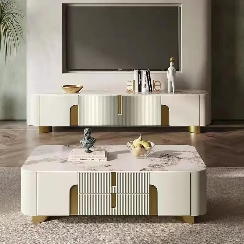Light Luxury Rock Slab TV Cabinet and Coffee Table Set Modern Simple White Stainless Steel Storage Combo for Small Apartment
