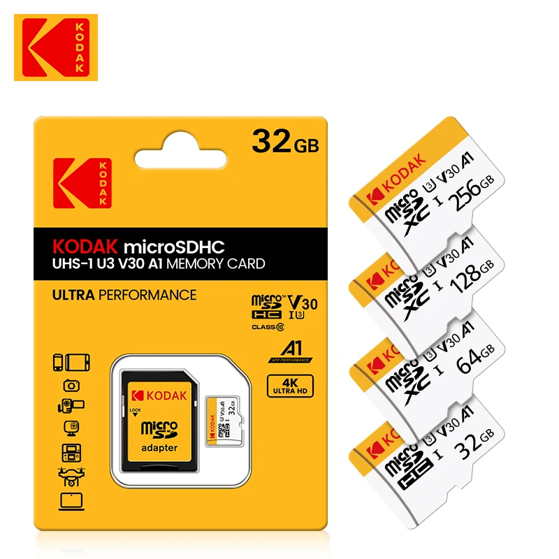 Original KODAK Memory Card 64GB 128GB 256GB U3 4K Micro SD Card 32GB SDHC UHS-I C10 A1 V30 TF Trans Flash Microsd