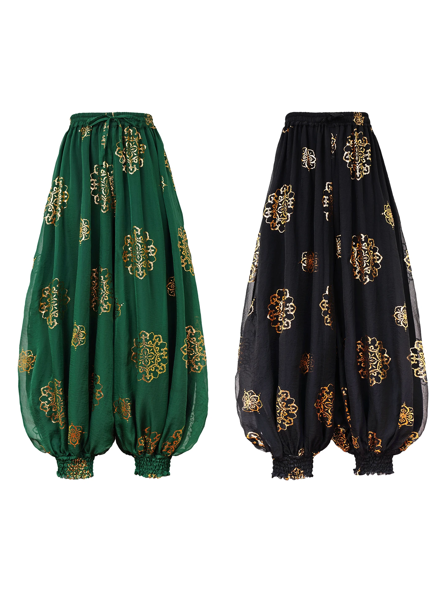 

Traditional Loose Lantern Pants Gold Embossed Lightweight Chiffon Pleated Spring Summer New Style Women's Ethnic Clothing