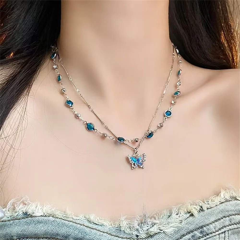 Blue Butterfly Double-Layer Design Necklace Accessory For Women Y2K Collarbone Chain Necklace 2024 New