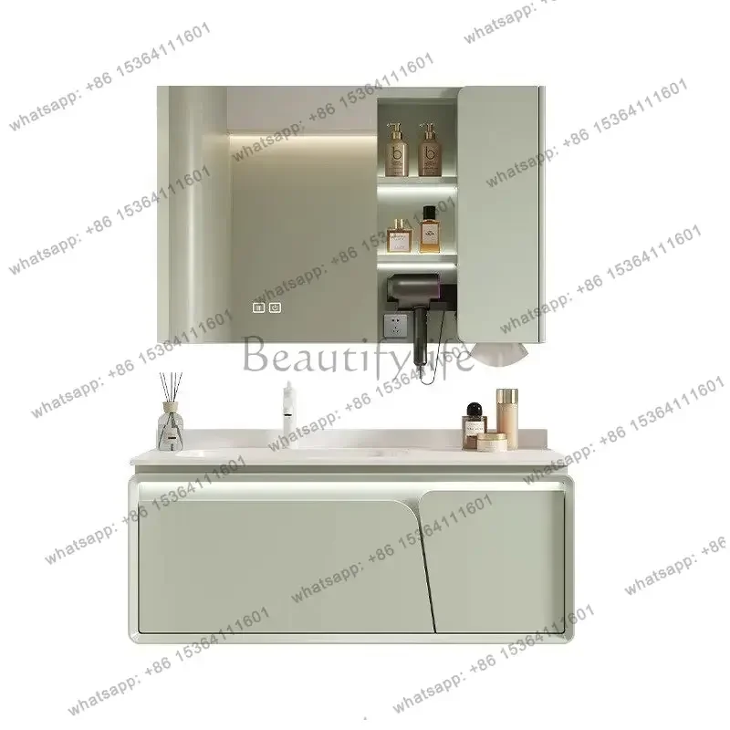 Cream wind oak bathroom cabinet combination rock slab ceramic seamless basin bathroom integrated washstand cabinet