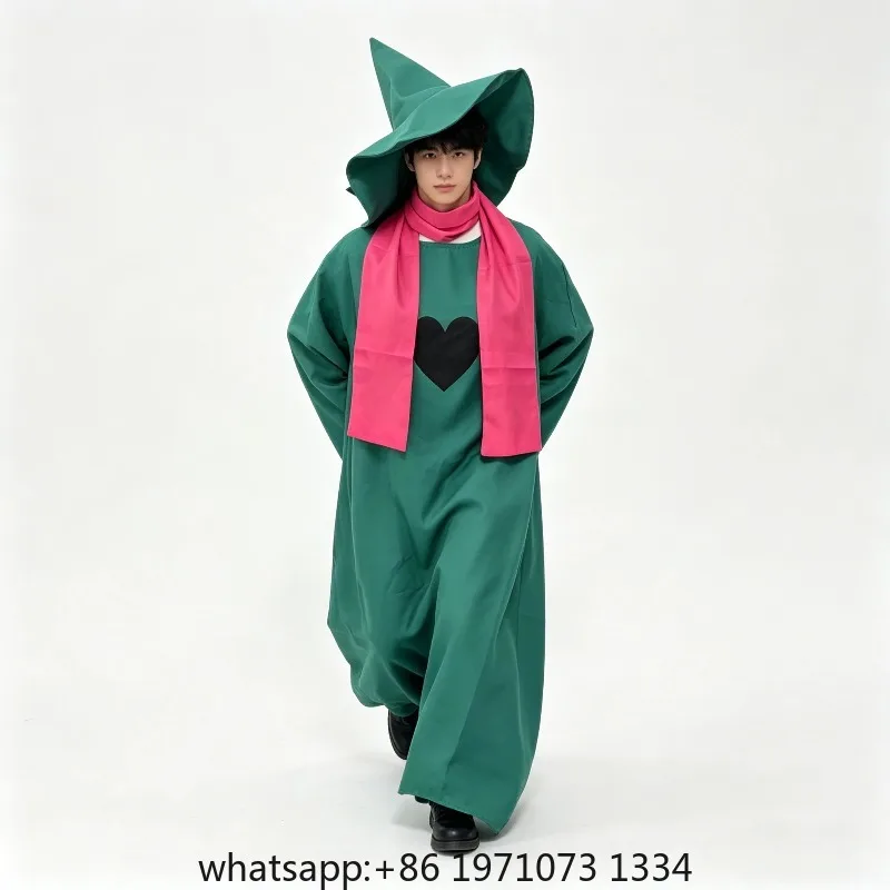 Anime Game Undertale Ralsei Cosplay Costume Green Wizard Cape Heart Emblem Pink Scarf and Witch Hat comic con roleplay