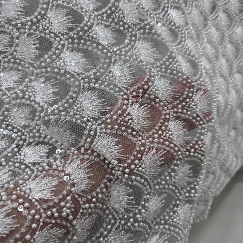 

Pearl Sequins Embroidered Lace Fabric for Wedding Dress Clothing Design Cloth Diy By The Meter Sewing Material