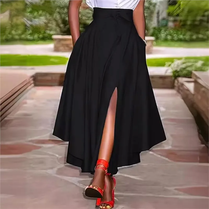 

Spring And Summer Women's Mid Length Skirt With Ruffled Edges Waist Cinching Lace Up And Irregular Slit New Half Length Skirt