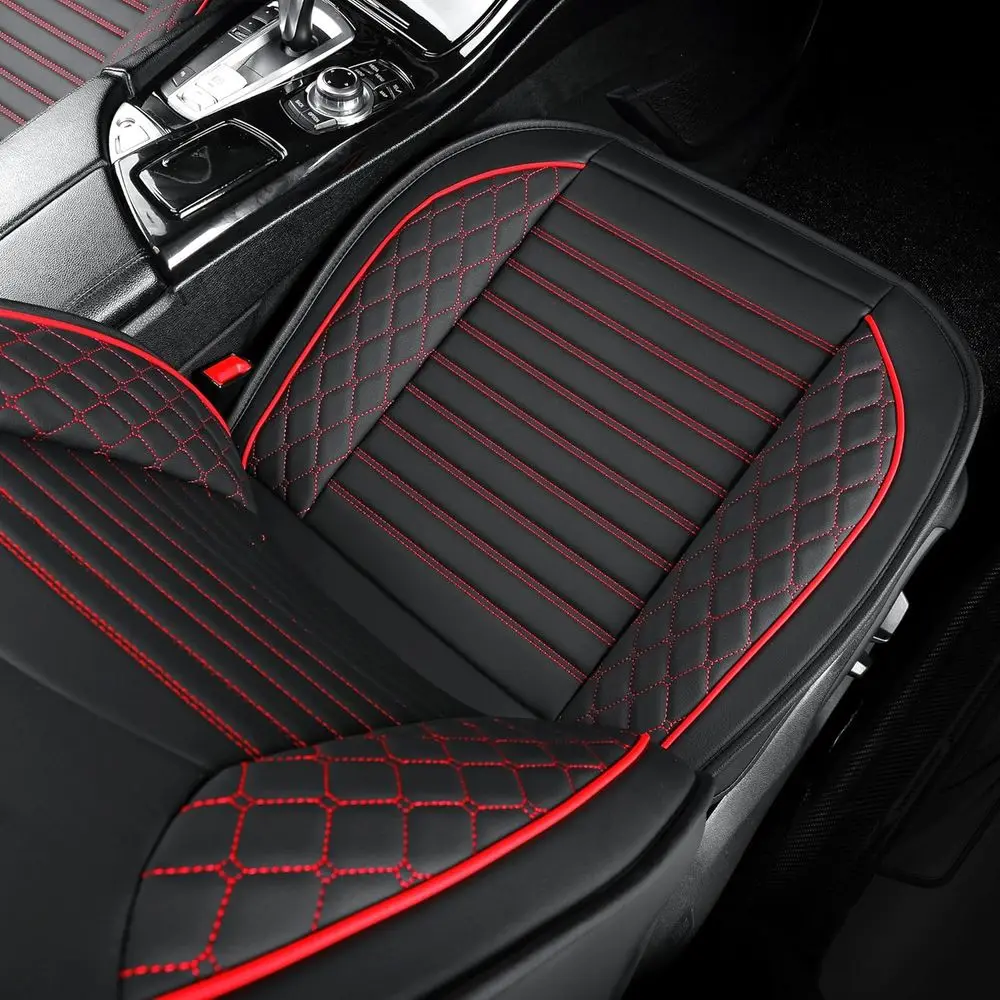أغطية مقاعد السيارة ذات المقاس العالمي، زوج أمامي، أسود-أحمر، مادة جلدية لسيارات الدفع الرباعي والشاحنات #4