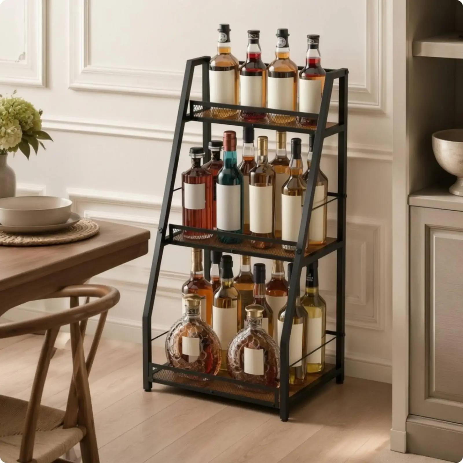 Space Saving Corner Wine Rack Three Tier Iron Wood Frame Bottle Organizer Shelf with Mesh Panels for Dining Room Home Bar Setup