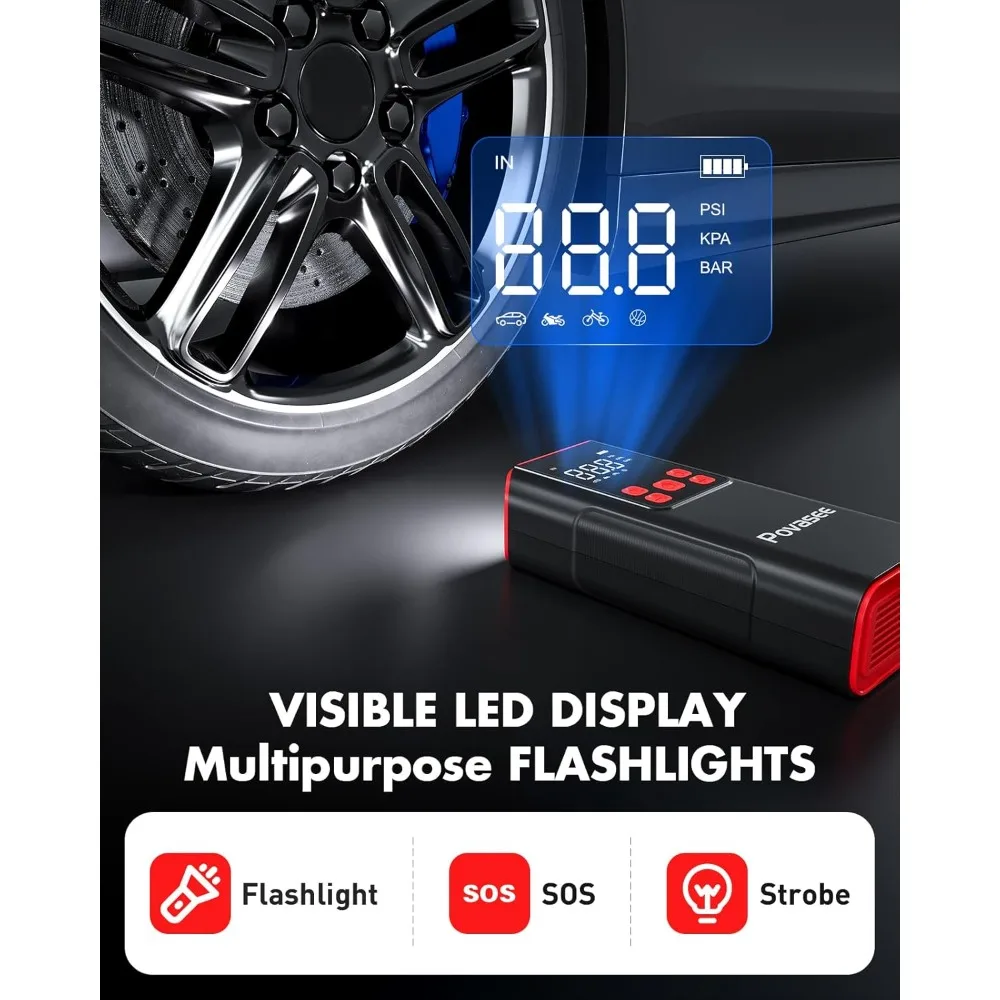 Reifenfüller, tragbarer Luftkompressor, Povasee 150 PSI, tragbare Luftpumpe für Reifen, kabelloser Autoreifenfüller mit LCD-Display