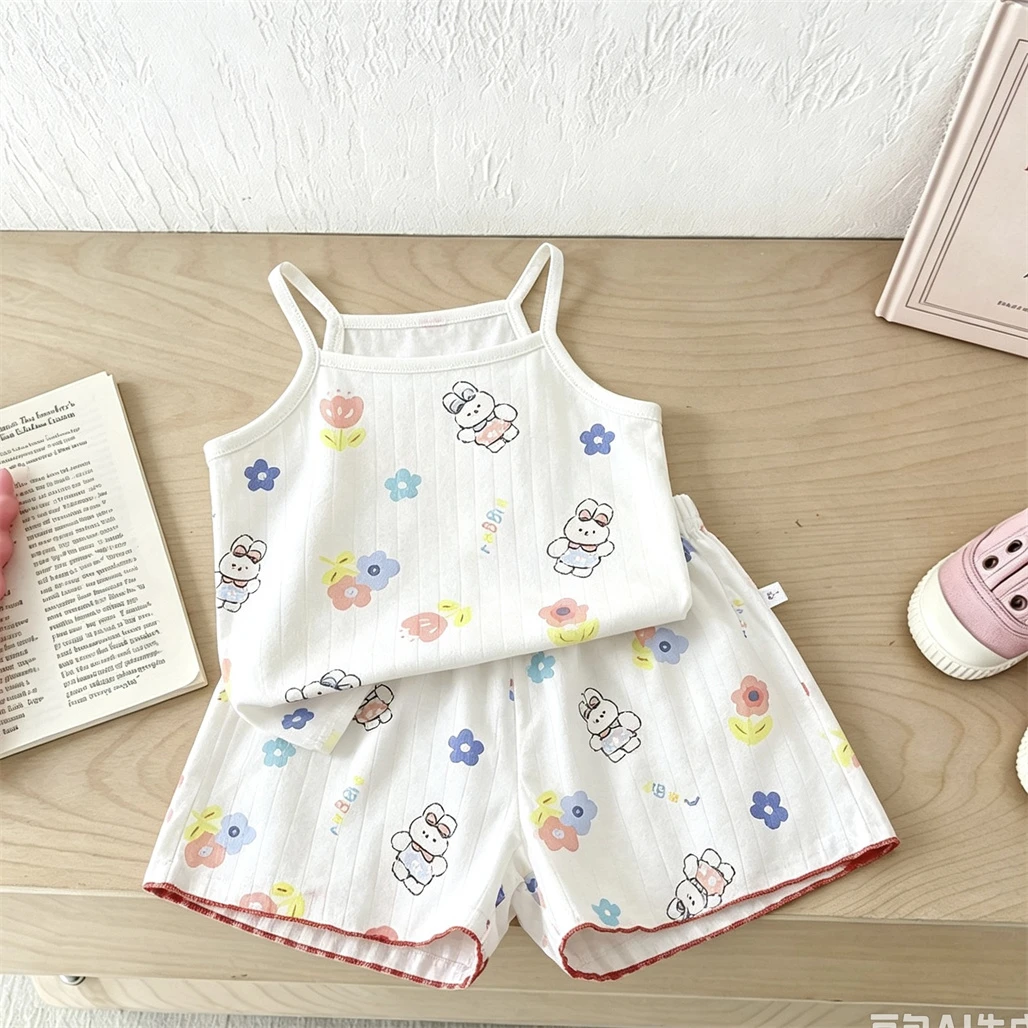 Summer Girls Sling Outfits Full Print Vest +Shorts Two Piece Set Infant Thin Casual Loose Home Clothing Baby Lovely Outfits