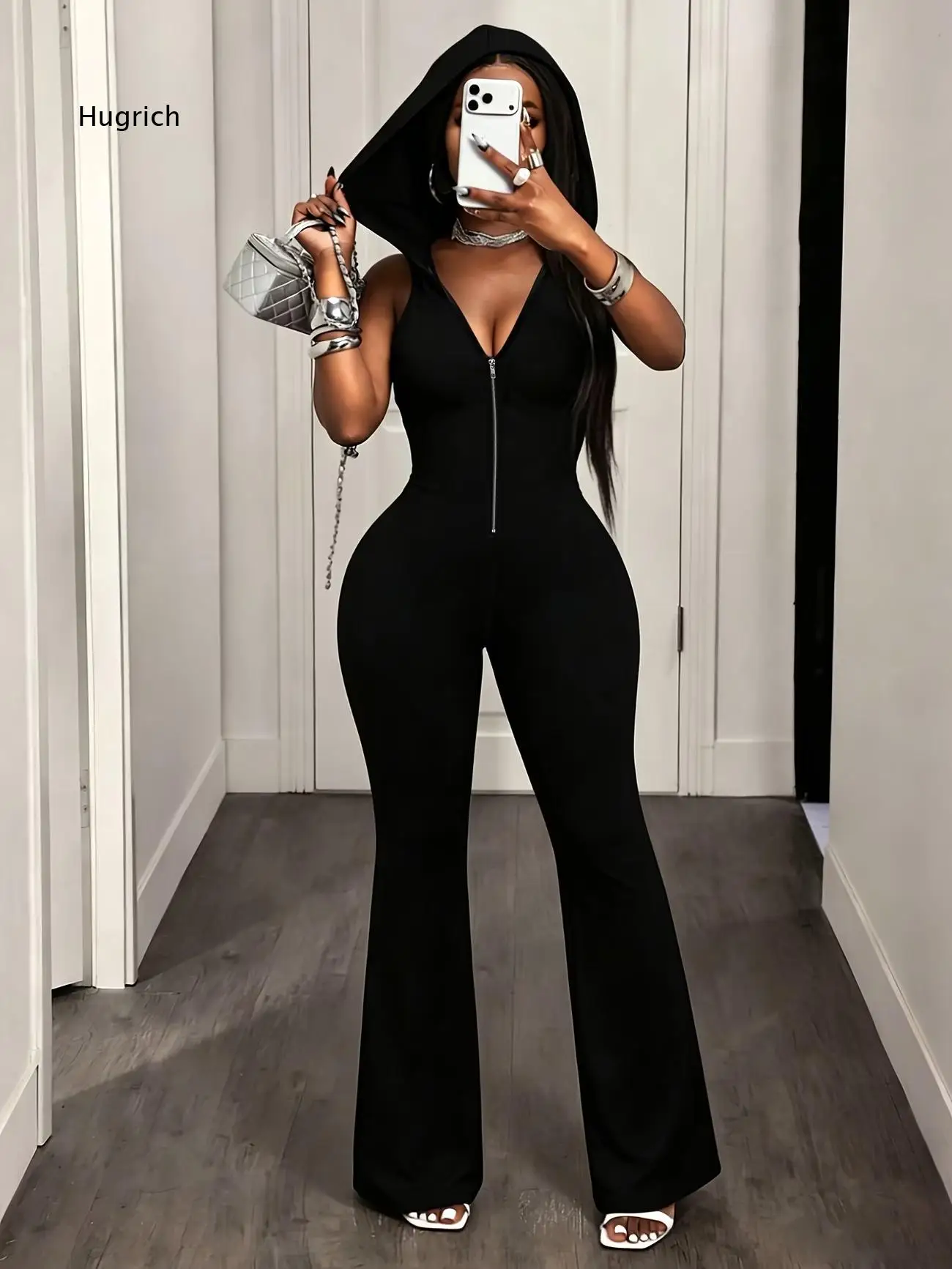 Women Hooded Sleeveless Jumpsuit Backless Zipper Design Slim Fit Flared Long Pants Stylish Outfit For Daily Dating And Street O