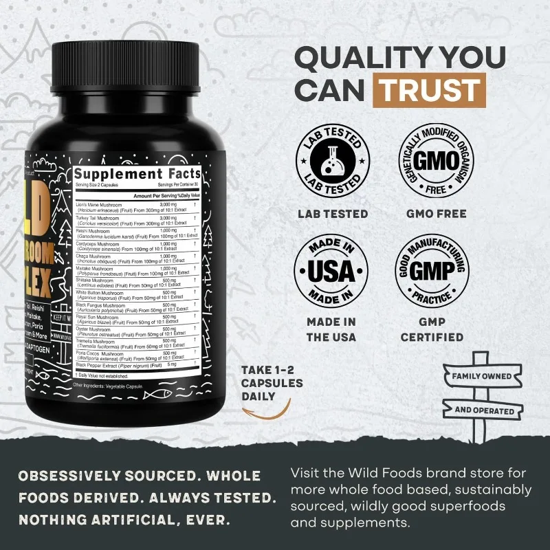 Mushroom Supplement -10:1 Mushroom Lion Mane, Turkey Tail, Ganoderma lucidum - Energy, Immune Health Support (60 capsules) view 5