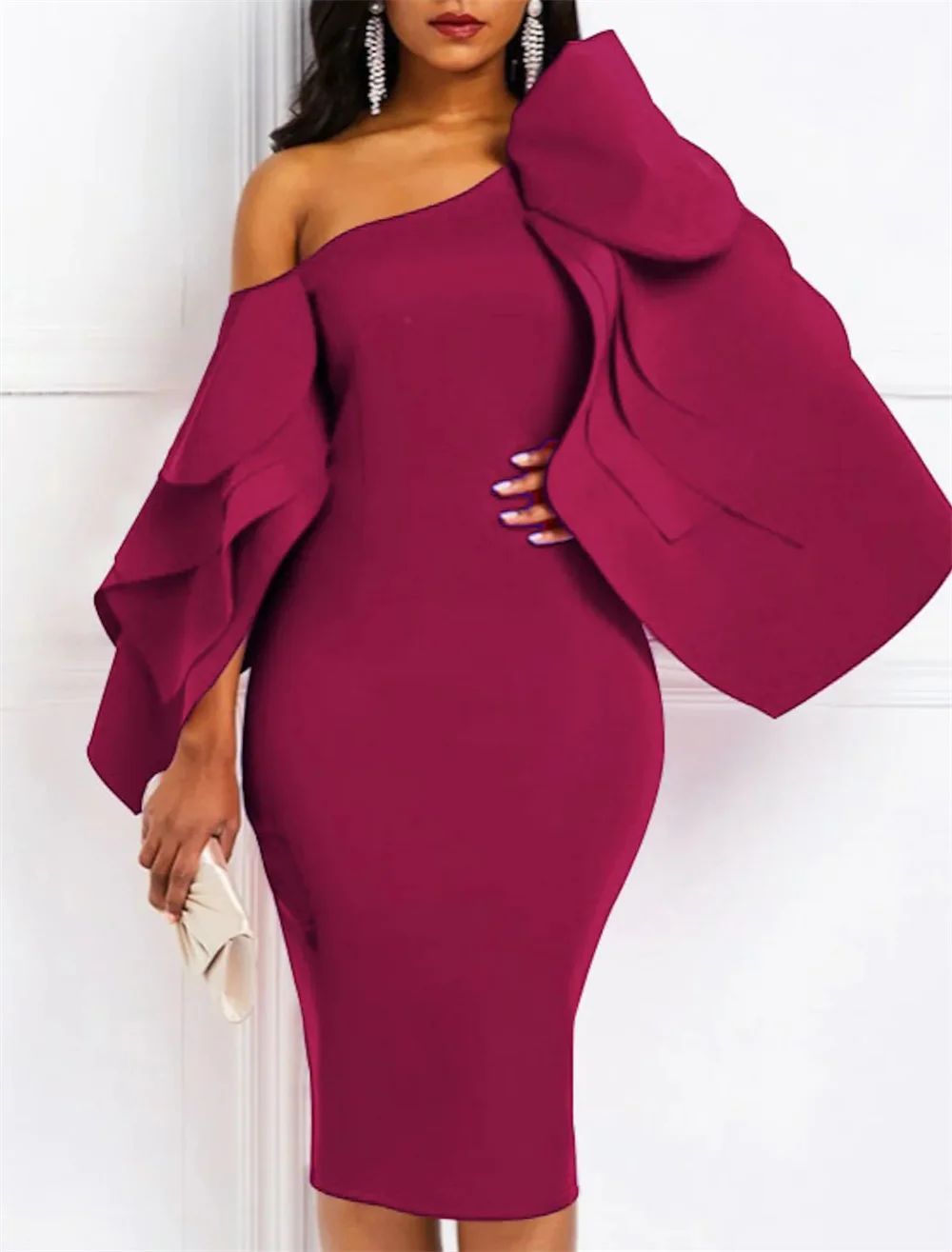 

Robes De Cocktail Sheath / Column Sexy Party Formal Evening Dress One Shoulder Long Sleeve Knee Length Satin with Drapi