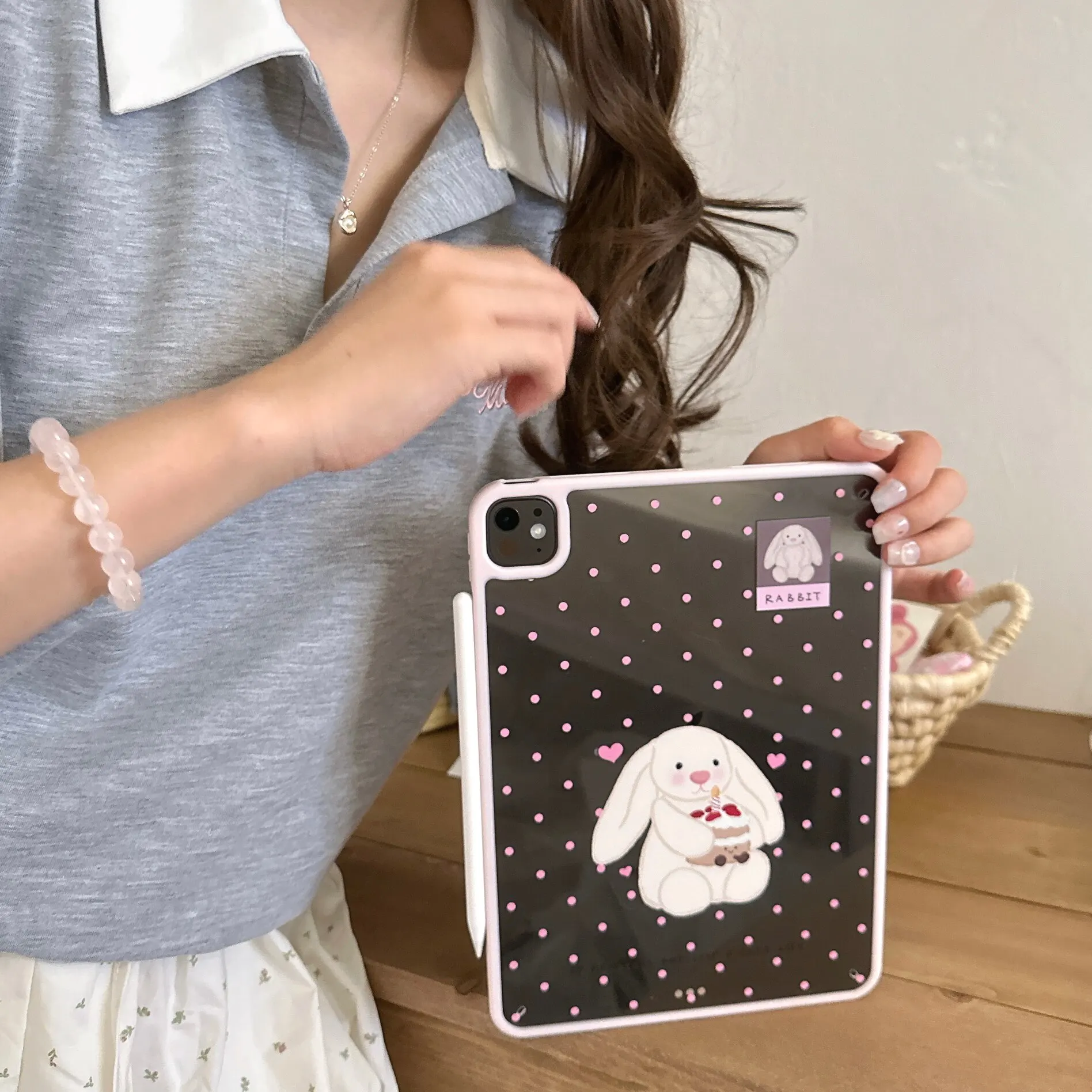 Korean Ins Rabbit Polka Dots New Tablet Case For iPad Pro 11 12.9in 13 M4 9.7 10.2 5/6th 7/8/9 10 11th MINI 6 7 Air 5 6 7 Case
