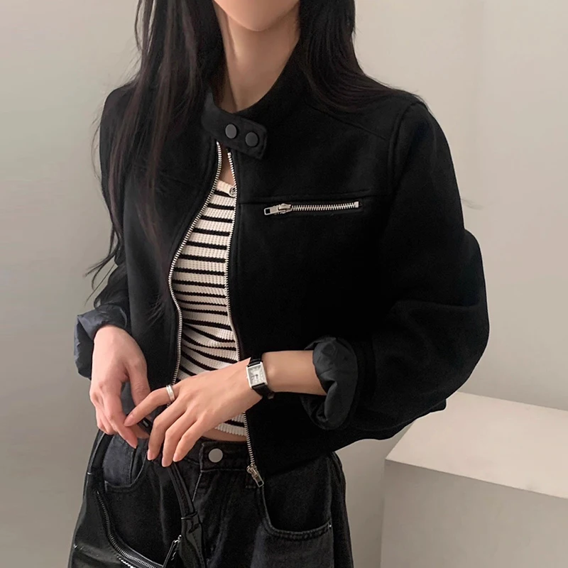 Chic Herbst Neue Sle frauen Biker Jaet Lange Sve Stehkragen Wildleder Leder Mantel Faionable Oberbekleidung Pendeln Sle