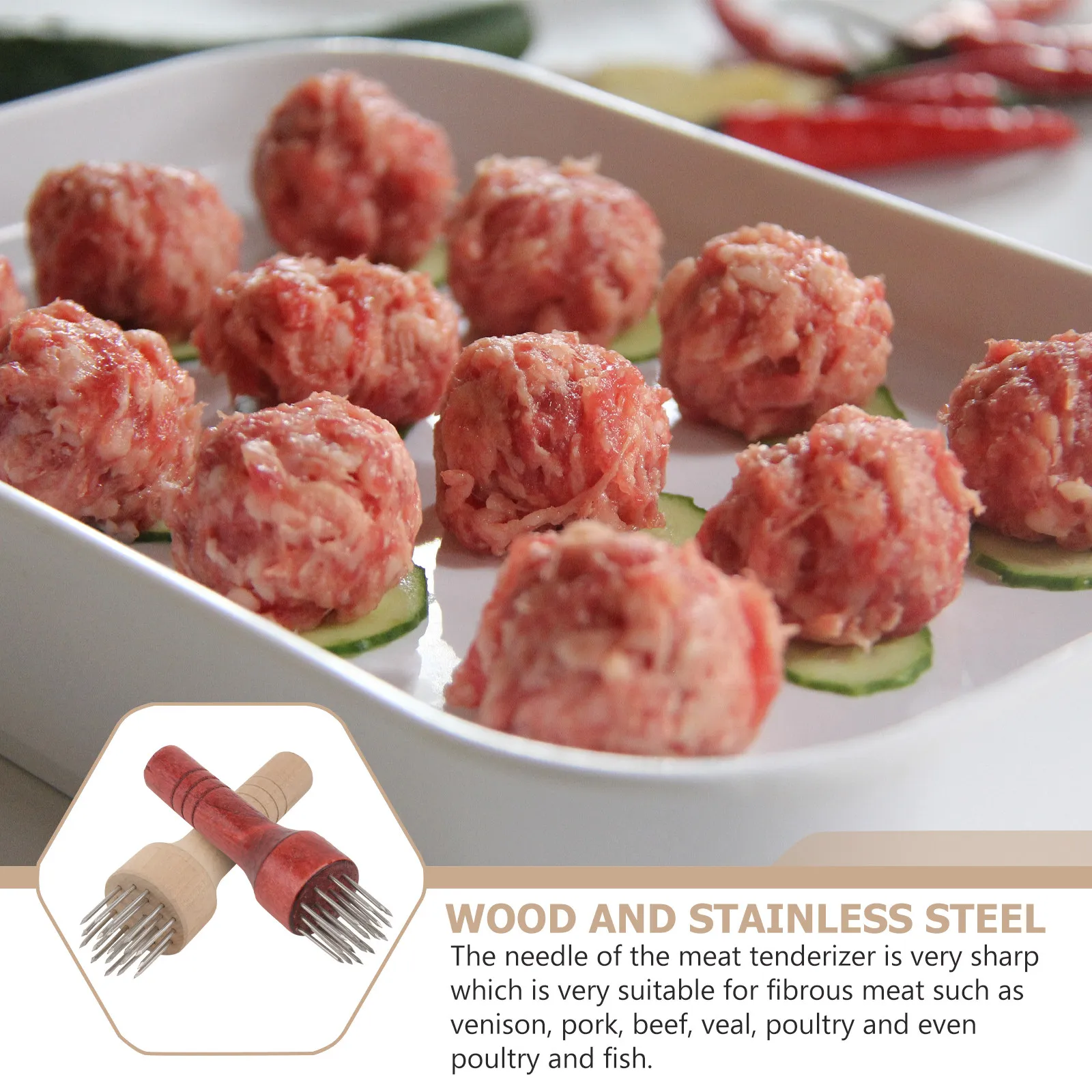 

2Pcs Meat Tenderizer Wooden Handle Needle Design Pork Pounding Tool Kitchen Barbecue Steak Bbq Tenderizing Accessories